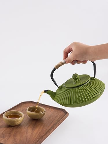 Stylish Green Cast Iron Teapot with Removable Infuser – 800ml Japanese Design, Geometric Pattern, Rust-Resistant, Optimal Heat Retention, Woven Handle for Loose-Leaf or Bagged Tea - Image 3