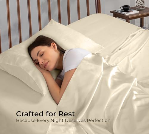 Image of Royale Linens Bamboo Viscose Full Flat Sheets Only - Cooling Sheets - Organic Viscose Derived from Bamboo - Full Size Flat Sheet Only - Top Sheet - Breathable & Silky Bedding (Full, Sand)