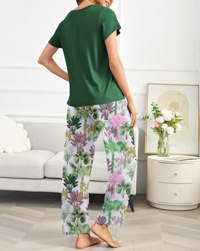 Image of Ekouaer Pajama Sets for Women Round Neck Pjs Short Sleeve Sleepwear with Long Pants Loose Lounge Sets
