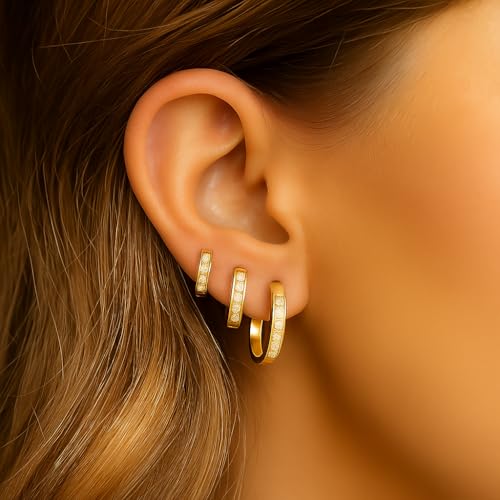 18K Gold Plated Hoop Earrings 3 Pair Set with Sparkling Diamond – Spiritual Purity & Devotion Inspired Design for Women, Hypoallergenic Ear Jewelry, Fashion Jewelry Gift4