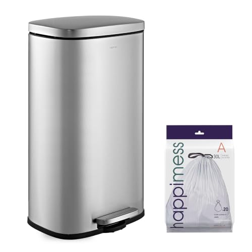 Image of happimess Curtis 8 Gal Step Trash Can Soft Close 25 inch, Platinum Silver | Stainless Steel, Fingerprint Resistant Satin Finish, Removable Liner, Steel Pedal, 20 Trash Bags Included, Kitchen Bin
