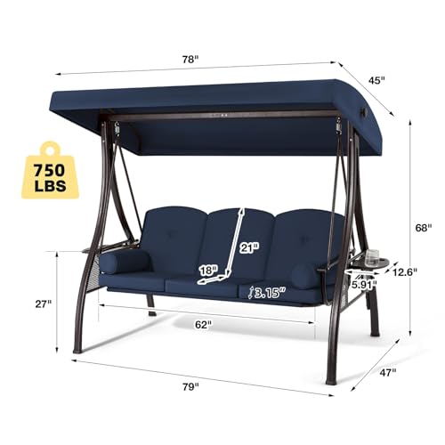 Image of HOMREST 3 Person Outdoor Porch Swing with 1.5 inch Upgraded Cup Holder, Adjustable Canopy, Backrest, Patio Swing Bed with Weather Resistant Steel Frame, Cushions for Garden,Deck and Poolside(Blue)