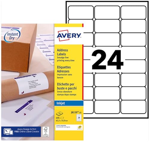 Avery Étiquettes Adresses Blanches Autocollantes 600 Pièces 63,5 x 33,9 mm Jet d'Encre