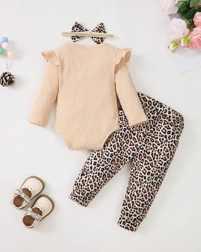veikimous Newborn Baby Girl Clothes 3-6 Months Infant Girl Fall Winter Outfits Apricot Clothing Set with Headband Preemie Girls Pants Set