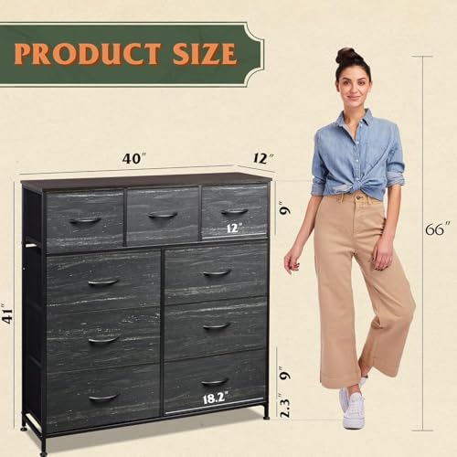 Image of WLIVE 9-Drawer Dresser, Fabric Storage Tower for Bedroom, Entryway, Closet, Tall Chest Organizer Unit with Fabric Bins, Steel Frame, Wood Top, Easy Pull Handle, Charcoal Black Wood Grain Print
