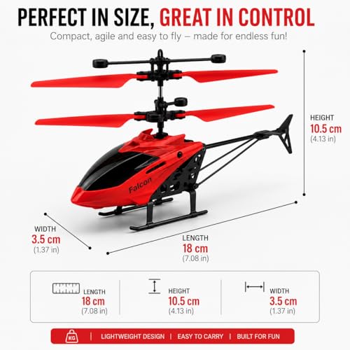 Image of KIDZYMON New Age Technology RC Helicopter with USB Cable, Safety Sensor 3.1, Gravity 2.6, 3D Light, Charging Battery, Indoor and Outdoor Flying, Remote Battery not Included (Red Colour)