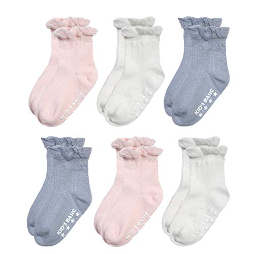 EPEIUS Infants and Toddlers Baby-Girls Non Slip Ruffle Frilly Ankle Socks Pointelle Grip Socks (Pack of 6) 6-18 Months Blue Grey/Natural White/Pink