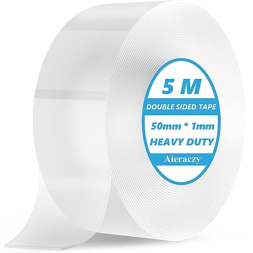 Aieraczy 5cm x 5M Scotch Extra Fort, Ruban Adhésif Double Face, Scotch Mural Sans Trace, Réutilisable Double Sided Nano Tape Transparent, Sans Percer Scratch Autocollant