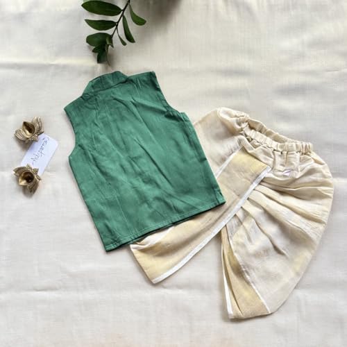 Image of Picksparrow Baby Boy Cotton Silk-Tissue Kasavu Cotton Shirt with Dhoti pant (Peacock-Sleeveless)