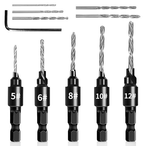 5 Piezas Brocas Avellanadoras Ajustables de Acero de Alta Velocidad, Vástago Hexagonal de 1/4 Pulgada de Cambio Rápido, Incluye 5 Brocas Reemplazables y Llave Hexagonal para Carpintería Profesional
