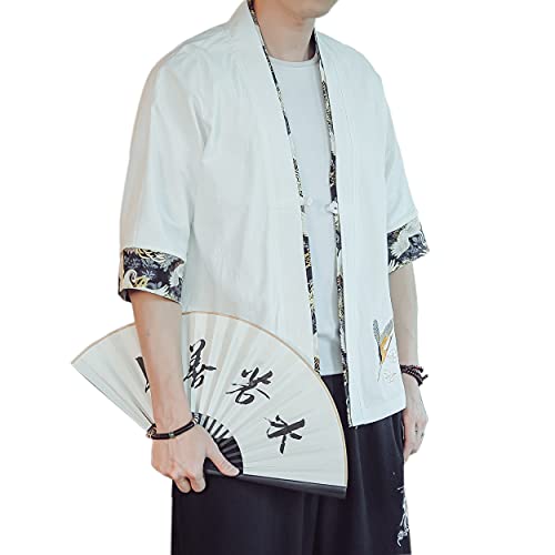 Image of PRIJOUHE Men's Kimono Jackets Cardigan Lightweight Casual Cotton Blends Linen Seven Sleeves Open Front Coat Outwear