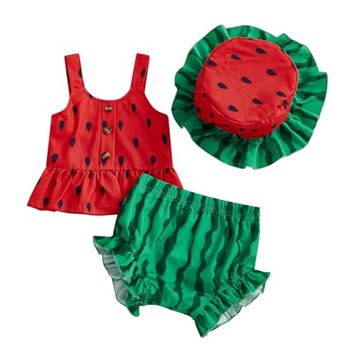 Emmababy Baby Girl Watermelon Outfit with Hat Smocked Ruffle Tank Top Shorts Set Infant Fruit Outfit Toddler Summer Clothes