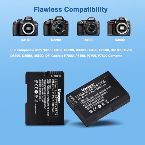 Uwayor EN-EL14 EN-EL14A Battery and USB Dual Charger Compatible with Nikon D3100, D3200, D3300, D3400, D3500, D5100, D5200, D5300, D5500, D5600, DF, Coolpix P7000, P7100, P7700, P7800 Cameras