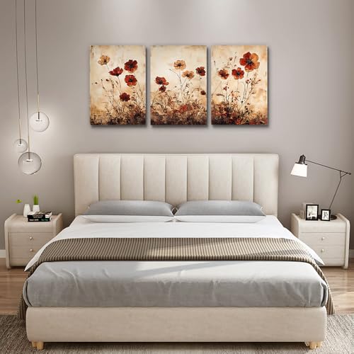 DZRWUBHS Boho Wall Decor For Living Room Canvas Wall Art For Bedroom Office Decorations Bathroom Wall Pictures Flowers Watercolour Paintings Modern Aesthetic Home Decor Artwork 3 Piece Ready To Hang