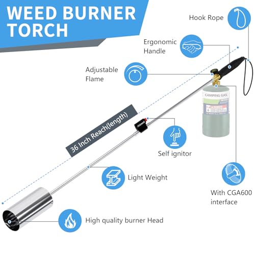 Weed Torch, 36" Heavy Duty Propane Weed Burner Flamethrower, 1,500,000 BTU Large Nozzle & Adjustable Flame for Weeding, Snow Melting, Roofing & Wood Burning - Easy Piezo Ignition