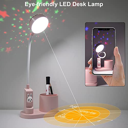 Cute Pink Rabbit Lamp for Kids Reading Study - Star Projector/Pen Holder/3 Brightness/Eye Caring, Rechargeable Led Table Desk Lamp for Home Office Dorm Decor, Ideal Birthday Christmas Gifts