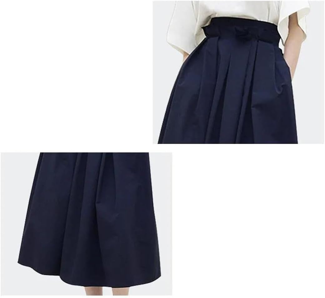 Vsadsau Women High Waist Cotton Skirt Long Pleated Solid Skirt A Line Big Swing Pocketed Umbrella Skirts