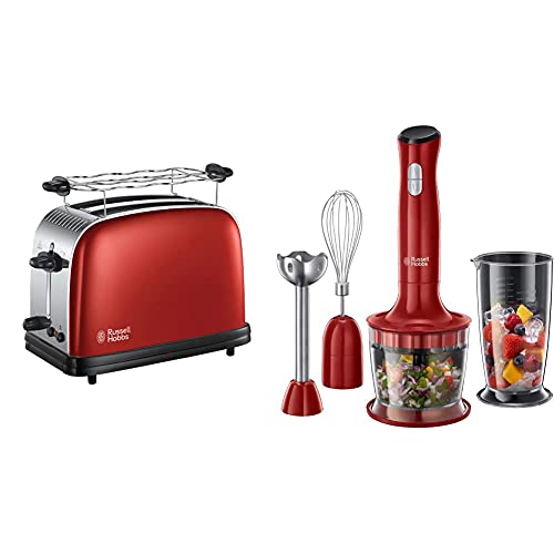 Russell Hobbs Toaster Colours+ rot, 2 extra breite Toastschlitze, inkl. Brötchenaufsatz, 1670W & Stabmixer 3-in-1 Desire…