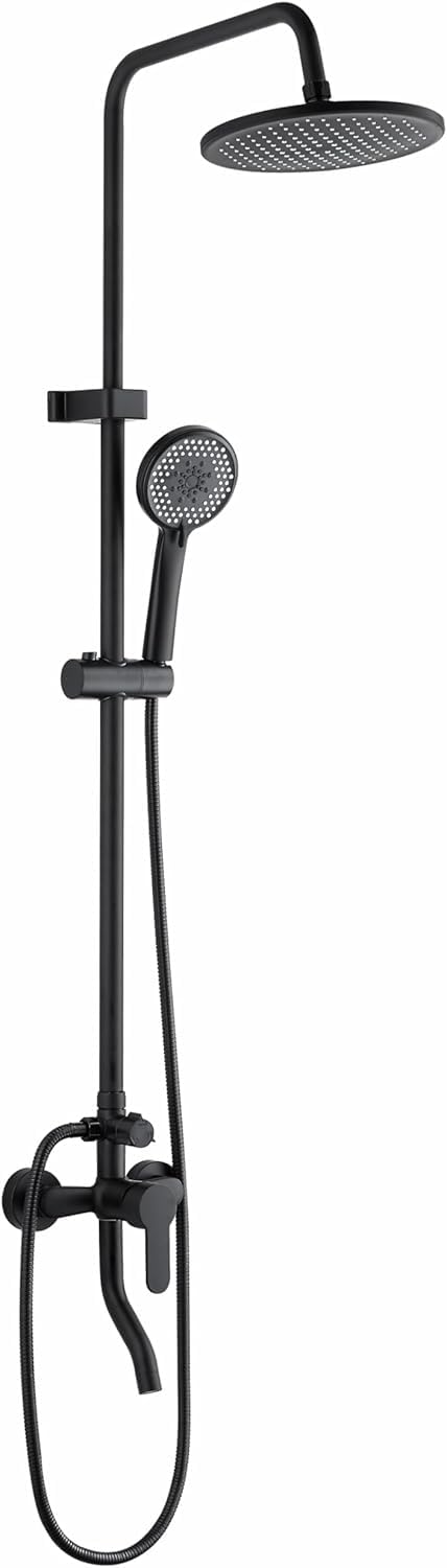 Black Shower Panel System with Overhead Rain Shower, 5-Function Hand Shower, Brass Diverter, Adjustable Slider, 130 cm Height
