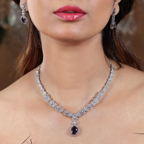 Image of American Diamond Necklace Set | CZ Stones, Rhodium-Plated Finish | Bridal Jewelry with Earrings for Weddings, Parties & Festivals