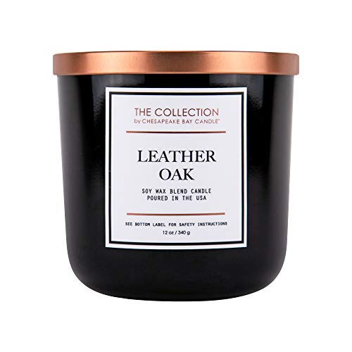 Chesapeake Bay Candle, The Collection, 2-Wick Soy Candle, Leather Oak, 12oz, Black with Copper Lid