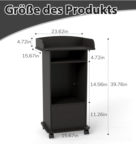 Suuiwau Stehpult Podiumständer, Rednerpult mit Doppellagiges Ablagefach und Bremsrad für Klassenzimmer, Hörsaal, Kirche, Seminar Schwarz