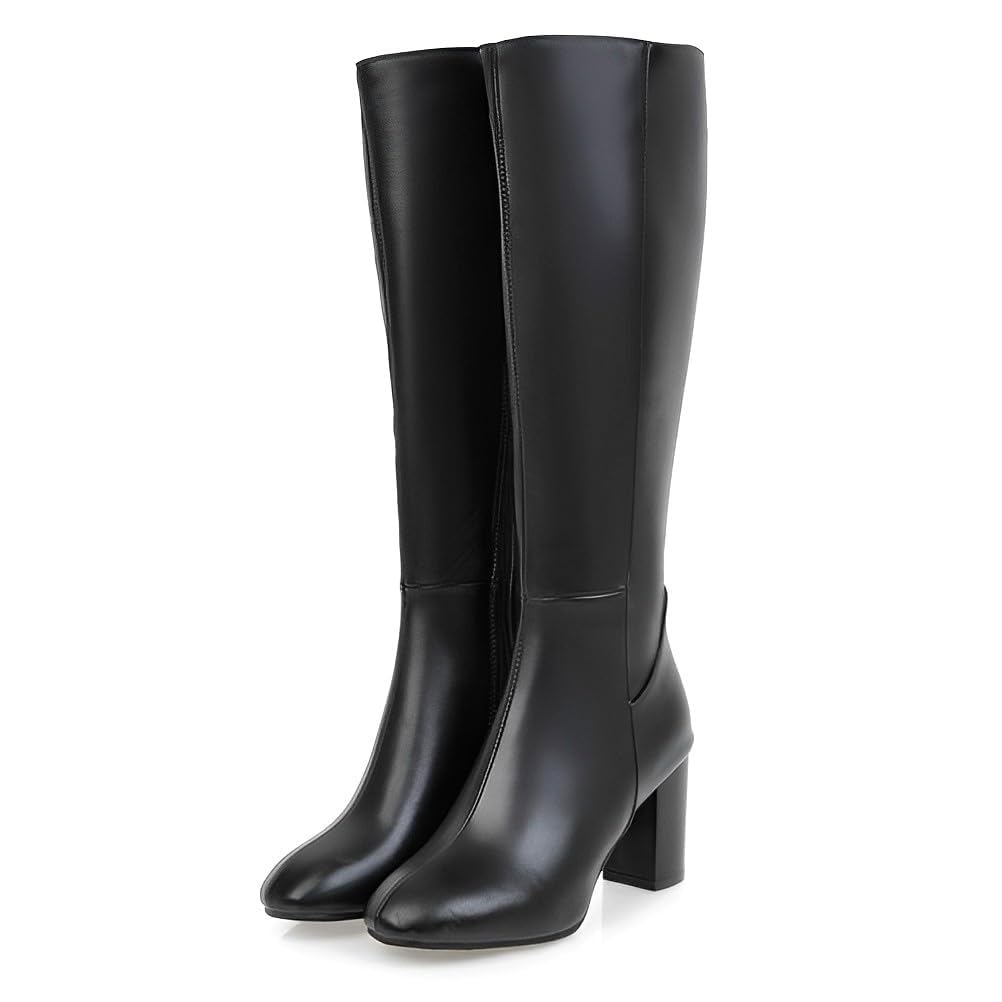 Damen Stiefeletten Warme Lange Stiefel Boots Elegante Sexy Runde Zehe Plattformen High Heel Reißverschluss PU Lederstiefel