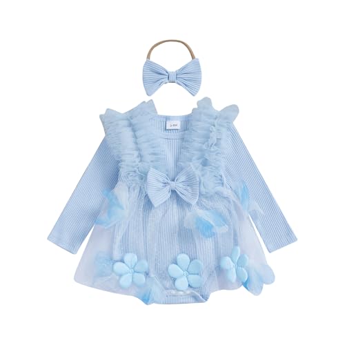 Baby Girl Romper Dress Baby Dress Romper Lace Flowers Knit Bodysuit Fall Winter Clothes with Headband