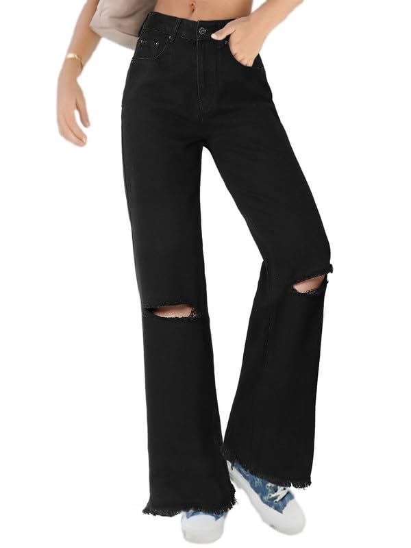 GenleckWomen Black Wide Leg Baggy Knee Ripped Jeans