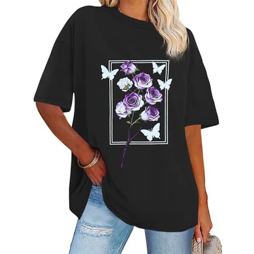rosemia Womens Oversized Tshirt Graphic Tees Crew Neck Summer Short Sleeve Loose Fit Tops, Black Flowers Butterfly, S