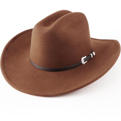 DRESHOW Cowboy Hat for Women and Men Classic Felt Western Hat for Cowboys Cowgirls Wide Brim Belt Buckle Retro Fedora Hats Unisex Caps