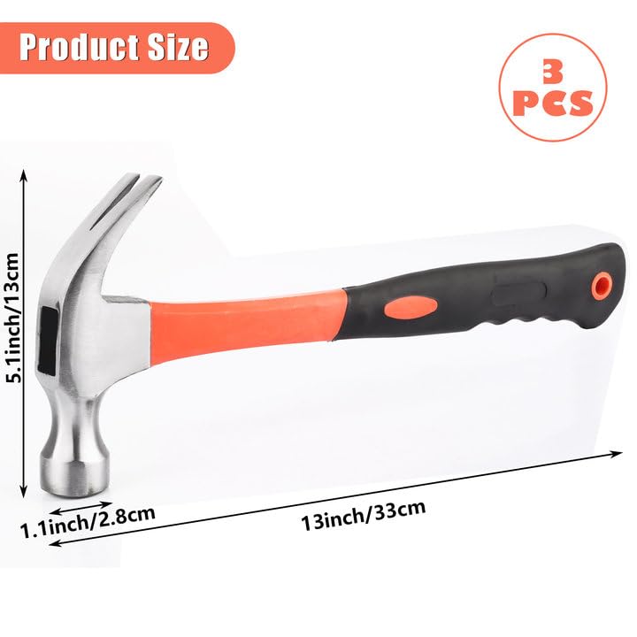 GBACHOOSE 3 Pcs Claw Hammer 17oz, Carbon Steel Hammer with Comfort Grip, One-Piece Rip Claw Hammer for Pulling Nails, Wood Working - Image 2
