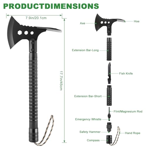 17.7" Portable Survival Axe & Camping Hatchet, Stainless Multitool Tomahawk w/Detachable Handle, Knife, Hoe, Flint, Whistle & Compass for Hiking, Backpacking, Emergency Gear - image 2