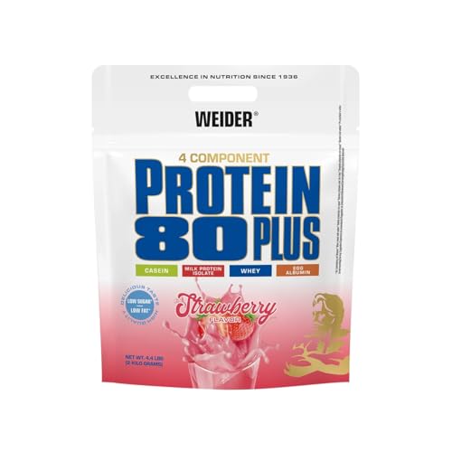 Weider - Protein 80 Plus - 4-Komponenten Protein Pulver - Hoher Proteingehalt mit 80% Eiweiß - Cremige Shakes mit Calcium & Vitamin B6 - 2kg - Erdbeere