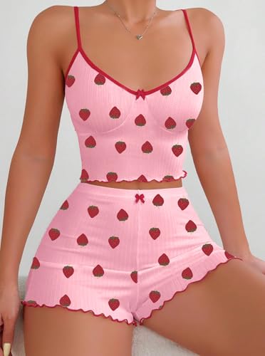 Image of Hilinker Womens Graphic Print Ribbed PJ Set Crop Cami Tops and Shorts Cute Pajamas Set