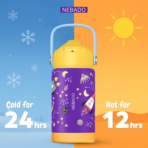 Image of Kids Stainless Steel Insulated Water Bottle with Straw 12oz - Leak Proof Toddler Thermos Cup for School, BPA Free with Handle & Non-Slip Silicone Base, Dishwasher Safe, Cosmic Purple