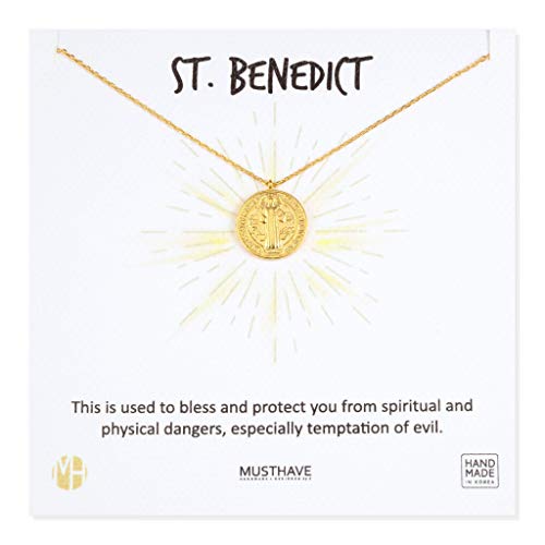 MUSTHAVE ST. Benedict Coin 18K Gold Plated Necklace With Message Card, Yellow and White Color, Anchor Chain, Best Gift Necklace, Size 16 inch + 2 inch Extender, Pendant