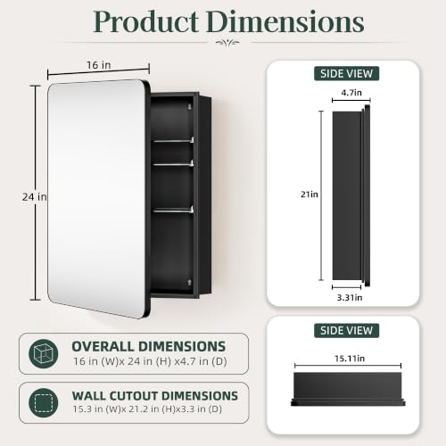 Image of 16x24 Black Medicine Cabinet with Mirror, Recessed & Surface Mount