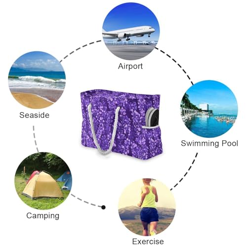 Lavender Flowers on A Purple Beach Bag & Travel Tote Bag Large Sandproof with Zipper Closure, Wet Pouch for Swim Gym Travel, Lightweight Foldable Outdoor Bag4