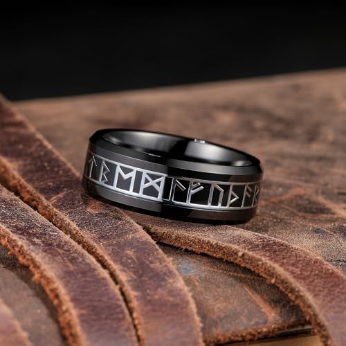 King Will Tungsten Carbide Wedding Band for Men - 8mm Black/Silver/Gold Inlay with Norse Viking Rune & Hawaii Koa Wood Mens Ring, High Polished Beveled Edge for Daily Wear, Comfort Fit Size 7-143