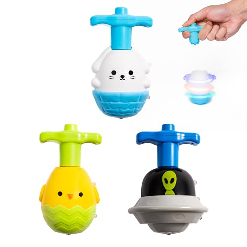 Light Up Spinning Top Toys for Kids – LED Flashing Spinner Tops with Colorful Glow, Handheld Spin Toy Party Favors & Classroom Prizes – Fun Designs 3-Pack (Chick, Bunny & Alien)