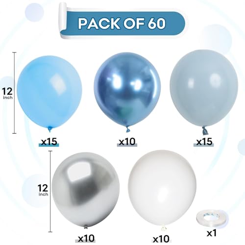 Image of 60 Pcs Baby Blue and Silver Balloons, 12 Inch Light Blue Dusty Pale Blue White with Chrome Metallic Silver Party Latex Balloons for Bridal Baby Shower Baptism Wedding Birthday Party Decorations