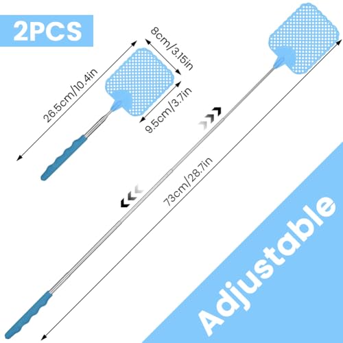 AYESY Fliegenklatsche, 2 Stück Manuelle Fliegenklatscher Ausziehbar Teleskopgriff aus Edelstahl Verstellbar von 26.5cm bis 73cm Robuste Fliegenklatschen für Drinnen und Draußen Fliegen (Rosa, Blau)