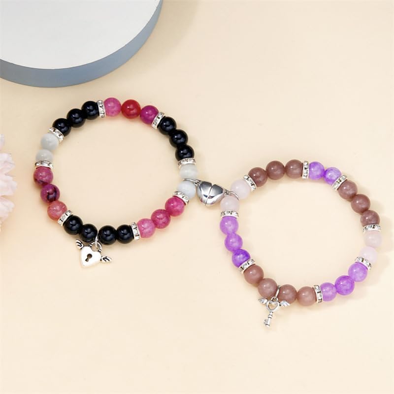 Caiyao Matching Couples Bracelets Friendship Bracelets Heart Stone Beads Lock Key Angel Wing Distance Promise Bracelet for Best Friends Bff Couples Valentine's Day - Image 5