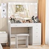 VOWNER Vanity with Lights - 43' Makeup Vanity Desk with Power Outlet, 5 Drawers and 1 Cabinet, 3 Color Lighting Modes with Adjustable Brightness,Makeup Desk with Stool for Women Girls, White