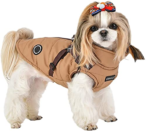 Puppia Mountaineer Winter Dog Coat With Integrated Harness No Pull Cold Weather Waterproof Warm Fleece Back Zipper For Small & Medium Dog, Beige, Large #TOP2