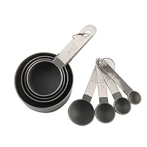 KitchenFest Food Grade Plastic Measuring Cups and Spoons with Stainless Steel Handle, Rust Free, Durable, Odorless, Dishwasher Safe, Set of 8 Piece (Black)