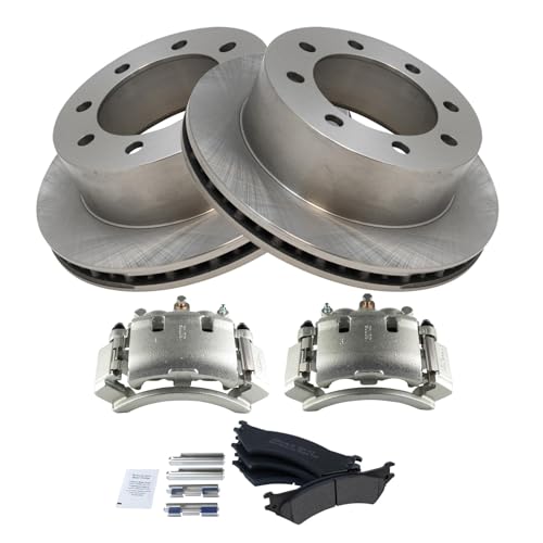 Image of TRQ Rear Brake Pad, Caliper, & Rotor Kit Semi-Metallic Vented Compatible with 2003-2007 Ford E-250 1999-2002 E-250 Econoline
