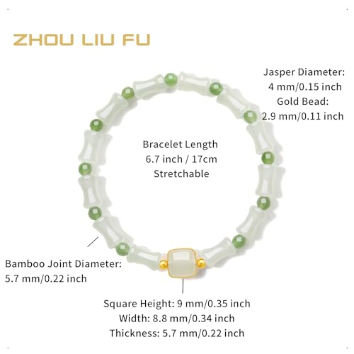 24K Solid Gold Green Jade Bamboo Bracelet, Pure Gold Elastic Green Jade Bead Bracelet, Stretchable Real Gold Green Jade Bead Bracelet for Women Girlfriend Y19124052