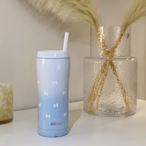 Image of Bow Insulated Water Bottle for Women, 18 oz Stainless Steel Water Bottles, Double Walled, 2 Lids (Chug & Tumbler) - Hydrate & Caffeinate, Available Gift Wrapping